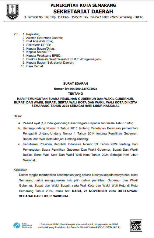 Hari Pemungutan Suara Pemilihan Gubernur dan Wakil Gubernur, Bupati dan Wakil Bupati, serta Walikota dan Wakil Walikota Tahun 2024 sebagai Hari Libur Nasional